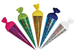 ROTH 5er Set Hologramm-Schultüten klein 22cm rund Kreppverschluss Deko