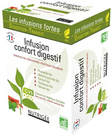 NUTRIGÉE - Infusion confort digestif Bio – Menthe poivrée, fenouil, rhubarbe, anis vert – Ballonnements, confort digestif et intestinal – CVS – 30 sachets – Formule concentrée – Fabriquée en France