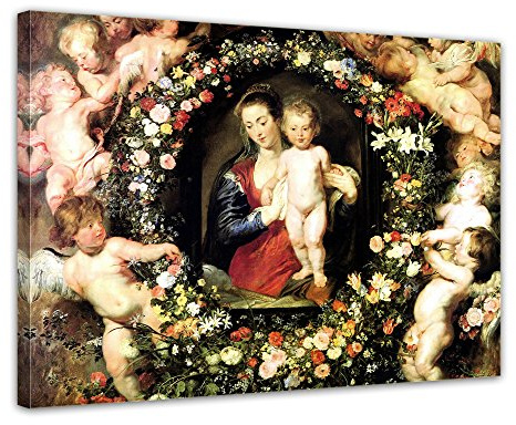 Bilderdepot24 Bild auf Leinwand | Peter Paul Rubens Madonna im Blumenkranz in 80x60 cm als Wandbild | Wand-deko Dekoration Wohnung alte Meister | 180263-80x60