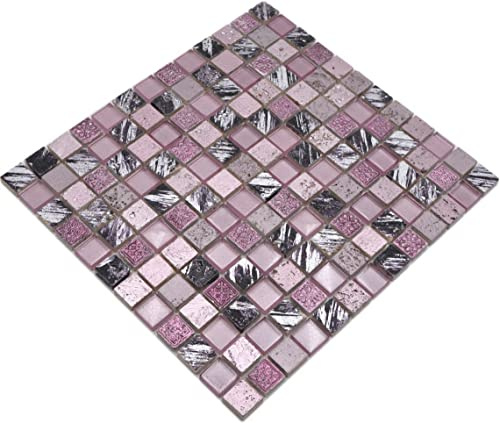Mosaik-nätverk mosaikplatta kvadrat kristall/sten/harts mix rosa glas natursten ornament kakelspegel, mosaiksten format: 23 x 23 x 8 mm, bågstorlek: 300 x 325 mm, 1 båge/matt