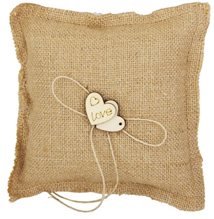 Coussin Alliance en Jute et Coeur en Bois Porteur de Bague 18cm pour Mariage