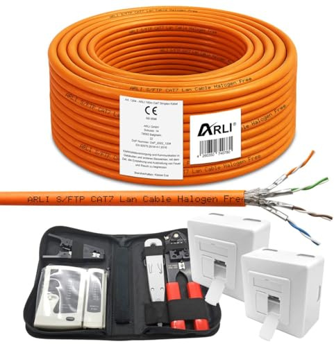ARLI CAT 7 100m Verlegekabel Netzwerkkabel CAT.7 + 2x Netzwerkdose Cat6a + 1x Werkzeugset Crimpzange Abisoliermesser Tester Netzwerk Werkzeug Set 4 in 1 S/FTP CAT7 PIMF Kabel AWG23/1 Ethernet 100 m