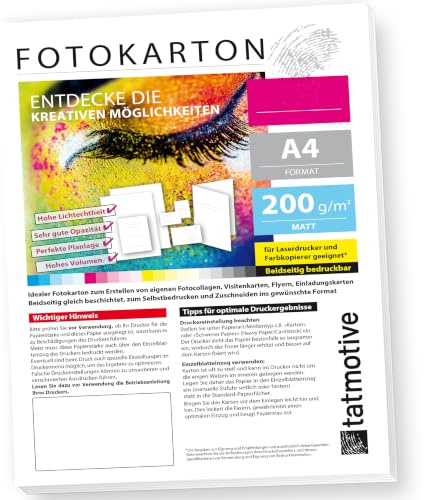 TATMOTIVE FA4200M125 - Cartón fotográfico (200 g, impresora láser, DIN A4, imprimible por ambos lados, 125 hojas), color blanco mate