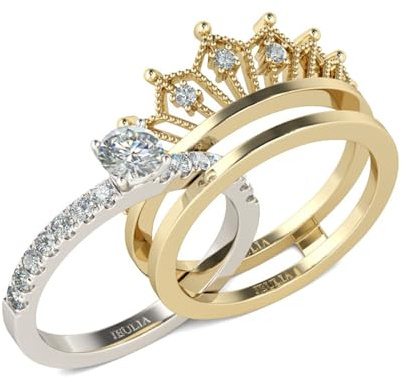 2 Stück Krone Damen Ringe Set Vergoldet Sterling Silber Verlobungsring Rundschliff Zirkonia Diamant Solitärring Antragsring Mit Geschenkverpackung Geschenke für Party Jubiläum Geburtstag