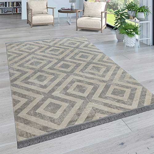 Paco Home Moderner Outdoor Teppich Geometrisches Rauten-Muster im Vintage-Look Flachgewebe Wetterfest & Pflegeleicht für Garten, Terrasse & Balkon, Grösse:80x250 cm, Farbe:Grau-Weiß