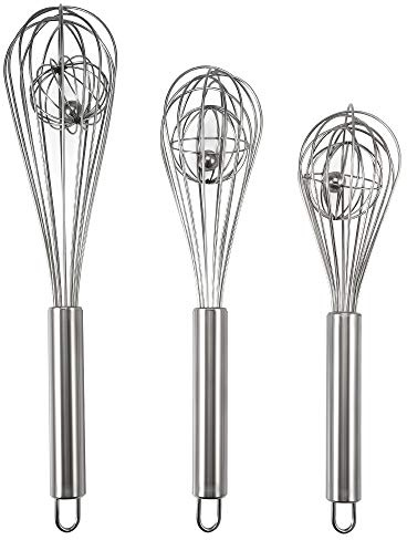 Amytalk 3 Pack 8, 10, 12 inches Balloon Whisk Double Balloon Wire Whisk Blending Whisking Beating Stirring Egg Beater Stainless Steel (with inside Ball)