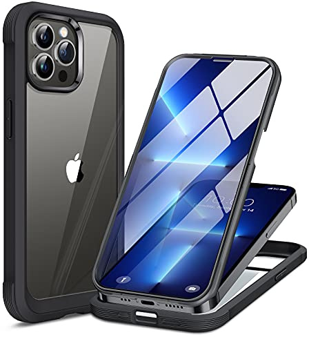 Miracase GLASS Case Compatible with iPhone 13 Pro Max Case 6.7 inch, [Glass Screen Protector] Full Body Rubber Bumper Case Cover (Black)