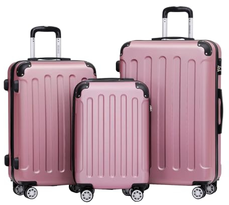 BEIBYE Hartschalen-Koffer Trolley Rollkoffer Reisekoffer Sicherheit Zahlenschloß Zwillingsrolle ABS Material Handgepäck 4 Rollen (M-L-XL-Set) (Rosa, Set)