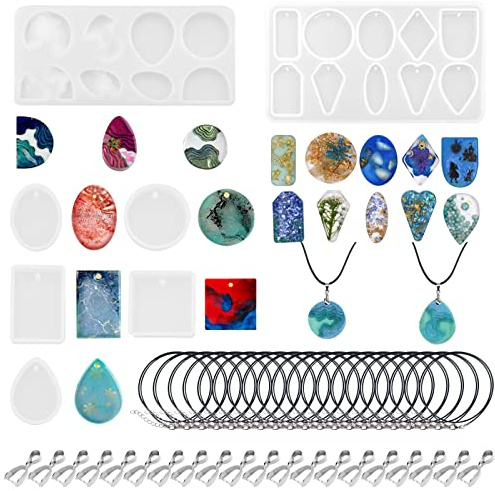 VEGCOO Kit de Moldes de Resina para Manualidades, 61 Piezas Moldes Resina Epoxi, Molde Silicona Resina para Joyería y Hacer Colgantes/Collares