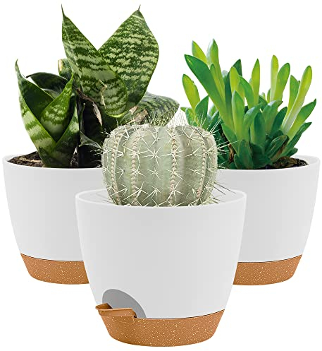 16.5CM Plant Pots Indoor,Self Watering Plant Pots of 3,Flower Pots with Drainage Holes and Trays,Decorative Modern Suitable for flowers,Snake Plant,Orchid,Lily, Aloe,Violet and House Plant(White)