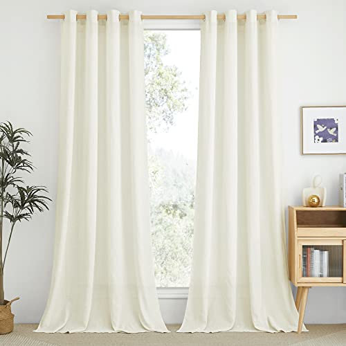 PONY DANCE Linen Curtains 84 Inch Drop, Farmhouse Charmed Eyelet Top Curtains with Hemp Texture Voile Semi Sheer Panels Privacy Protected for Bedroom/Living Room, 55x84-Inch, Set of 2, Cream Beige