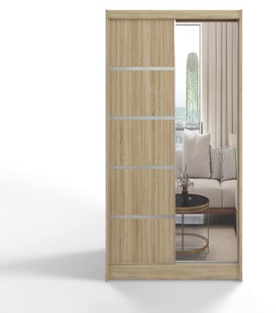 ML Furniture D3 Schiebetüren Kleiderschrank 100 cm mit Spiegel - Schlafzimmermöbel, Aufbewahrung - Mehrzweckschrank - Farbe: Sonoma