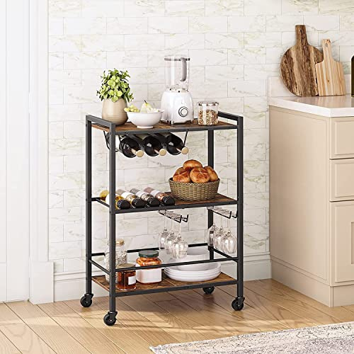 FEFE 3 Tier Rolling Industrial Design Rustic Wooden Bar Kitchen Food Serving Cart Trolley Wheels Cart with Lockable Wheels, for Dining Rooms, Living Room, Garden, Party
