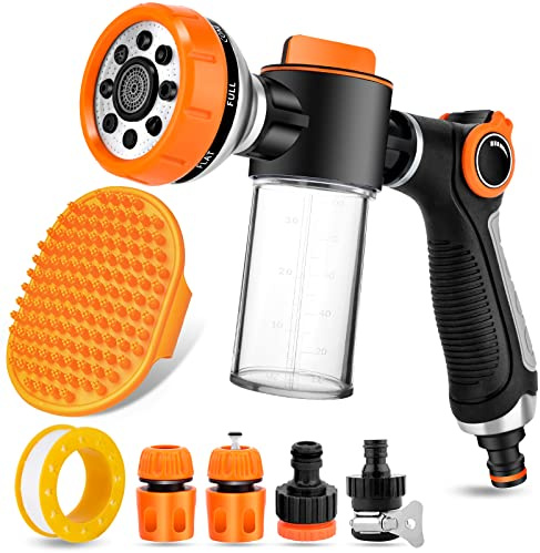 8 in 1 Garden Hose Nozzle Sprayer, Upgrade Pup Jet Dog Wash with 3.5OZ/100CC Soap Dispenser Bottle and Dog Shower Brush, Ideal for Watering Flowers, Car Washing, Dog and Horse Bathing
