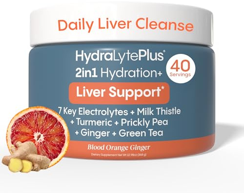 Hydralyte Liver Support + Electrolyte Mix with Milk Thistle, Turmeric, Ginger, Prickly Pear, Green Tea Extract Formulated for Rapid Rehydration, (Blood Orange Ginger, 40 Serve Tub)