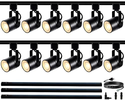 Bravsekai GU10 LED Black Track Lighting Complete Kit 6000K Cool White, Dimmable H Type 13.12ft Track Rails, 12 Packs GU10 LED Bulbs Ceiling Spotlight Fixture