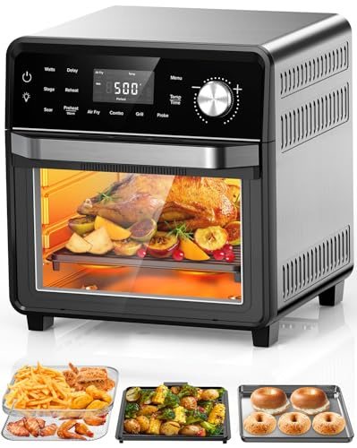 Nuwave Smart Air Fryer Oven with POWERPORT™ Plug-In Grill for Dual-Zone Efficient Cook, 100 in 1 Advanced Convection Toaster Oven Countertop w/Insulated 2-Glass Door, 450°F Preheat, Stainless Steel