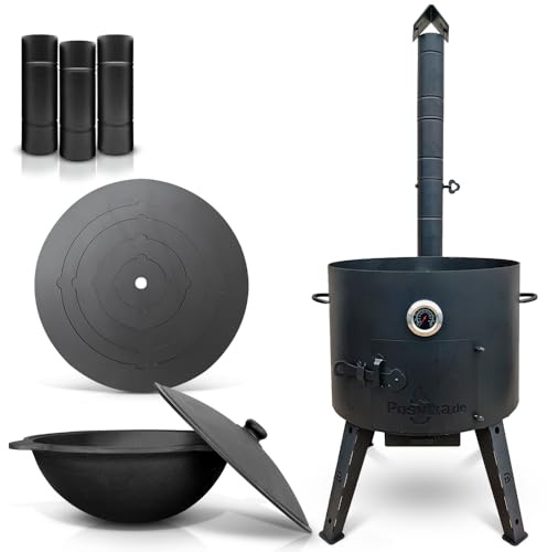 Utschak Uchag Feuerofen Ø 49 cm 2 mm Stahl Herdplatte 4mm Kazan 22 L runder Boden mit Thermometer Verlängerungsrohr (Set R22-6)