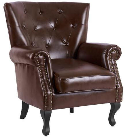 MOJAY PU Leather Accent Chair, Mid-Century Modern Armchair Living Room Club Chair with Tufted Button & Rivet Trim, Upholstered Sofa Chair with Sturdy Wood Legs for Bedroom (Reddish Brown)