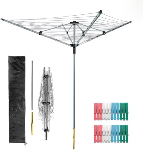 Retractable Washing Line, 60 Metres Clothes Line with Protective Fabric Cover，UV-Resistant & Non-Slip Lining,Smooth Turns - Umbrella System, Rotary Dryer with Ground Spike (Grey Pole)