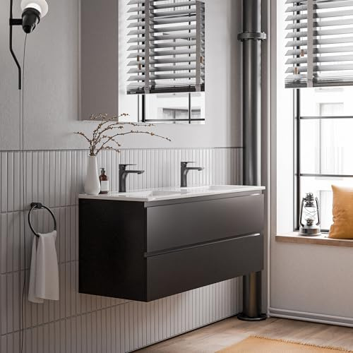 Bernstein Badmöbel-Set Ava 120cm, Waschbecken mit Unterschrank in Schwarz matt, Keramik-Waschbecken in Weiß glänzend mit Hahnlöcher, Ideal für große Bäder