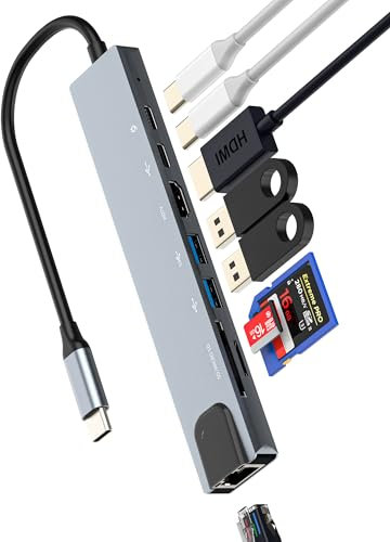 USB C Hub(8in1)HDMI Ethernet Multiport Adapter TF SD Card Reader USB OTG 3.0 MacBook Type C Dock Station Laptop for iPad 4K Display TV Charger Power Docking Thunderbolt Converter for Apple iphone16 15