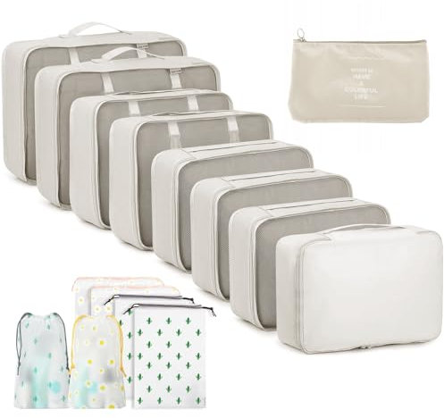 GIBOHOM Koffer Organizer Set, 15 Stück Packing Cubes, Wasserdichte Kleidertaschen für Urlaub und Reisen, Travel Organizer, Reiseorganizer mit Packtaschen Transparentem, Beige