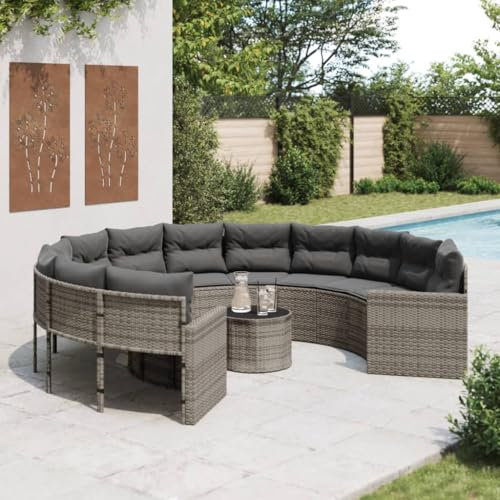 Kangmusi Gartensofa mit Tisch und Kissen Rund Grau Poly Rattan, kangmusi3318536