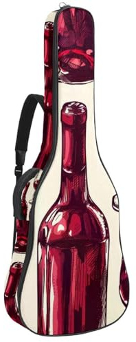 Gitarrentasche für Akustikgitarre mit zwei Taschen, Vintage-Rotweinflasche und Gläser, wasserabweisend, doppelt verstellbarer Schultergurt, Gitarrentasche, Weinflasche und Gläser im Vintage-Stil,