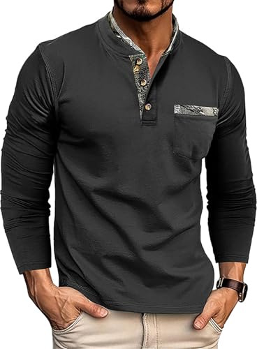 Ryehack Henley Langarmshirt Herren Langarm T Shirt Poloshirt mit Knopfleiste und Brusttasche Arbeit/Sport S-2XL