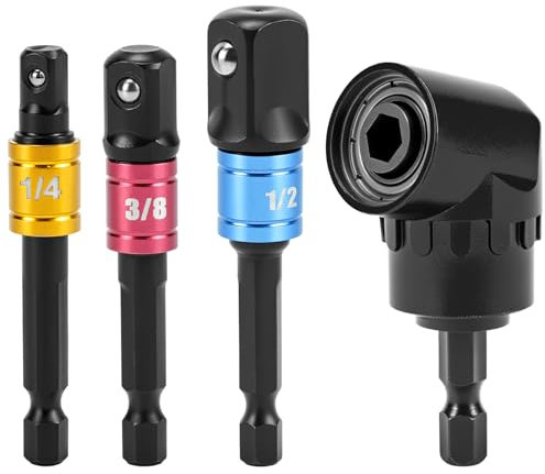 QWORK® 105° Winkelschrauber vorsatz adapter, winkelaufsatz für akkuschrauber, Bohrer Sechskantschaft, mit 3 tlg Stecknussadapter 1/4 3/8 1/2,Schwarz
