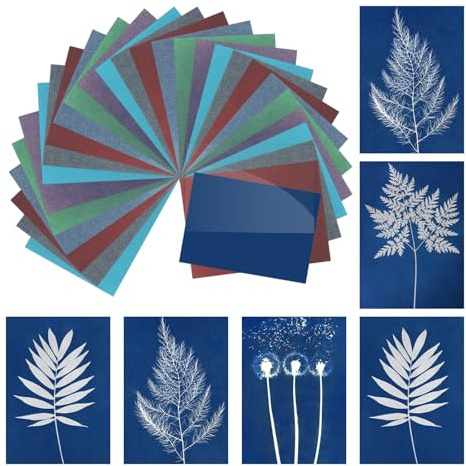 QUARKZMAN Cyanotype Paper,24 Fogli Kit Carta per Stampa Solare Carta ad Alta Sensibilità per Progetti Artistici Carta Colorata con Pannello Acrilico per Progetto Fai da Te, 11,7x8,3 (A4)