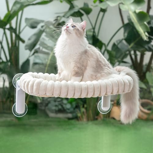 Sunhoo Lettino per finestra per gatti, pieghevole, per gattini, davanzale, amaca, con ventosa per interni, con morbido cuscino in peluche, lavabile in lavatrice, 54 x 30 cm (bianco, M)