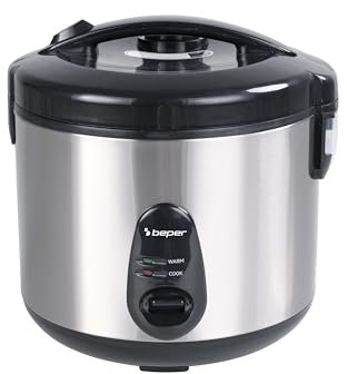 BEPER P101VAP002 Olla arrocera eléctrica con función de conservación del calor, capacidad de 625 g, revestimiento antiadherente, tapa con junta de silicona y bandeja para cocinar al vapor.