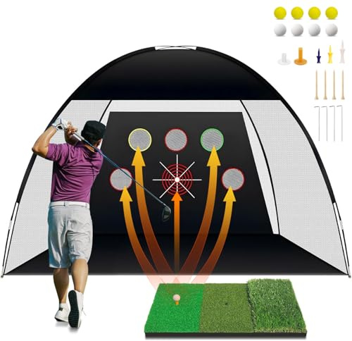 TTCB Sports Rete da golf per attività all'aperto, 3 x 2,1 m, rete da golf da interni con tappetino Tri-Turf per guida in cortile, scheggiature, simulatore di allenamento bersaglio, regalo per uomini