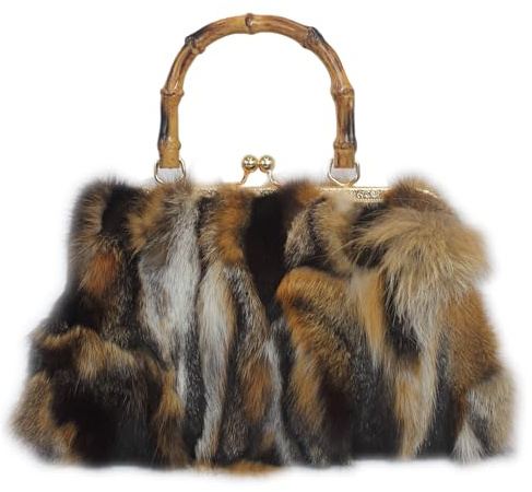 Fosrion Real Fox Fur Handbag – Vintage Kisslock Purse with Bamboo Handle, Patchwork from Ethically Sourced Nordic Fur (Natural – Dark Brown)
