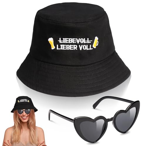 WDFCN Mallorca Hut Unisex Brille SatzVoll Hut Herz Sonnenbrille Party Outfit Fischerhut Bucket Hat Für Malle Party Accessoires Festival Zubehör Accessoires