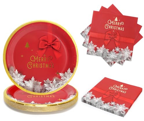 PARTY GO 50 Pezzi Piatti Natalizi di Carta e Tovaglioli Usa e Getta Motivo Fiocchi Di Neve Rosso, Stoviglie Monouso per Feste Servizio da 25 Persone