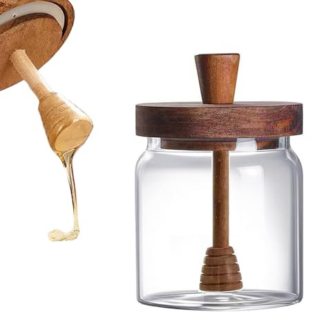wdsilkbo Glass Honey Jar with Dipper and Acacia Wood Lid, 14oz Airtight Honey Pot Dispenser for Coffee, Syrup, and Maple, Clear Round Honey Container for Kitchen and Dining Gifts
