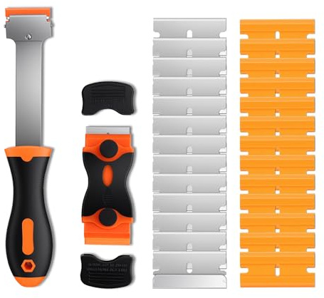 2 Pcs Glass Scraper Tool, Plastic Scraper Tool Non Scratch, Razor Scrapers for Ceramic Hob Wallpaper Paint Oven Cleaning, with 30 Plastic and 30 Metal Scrapers Refills