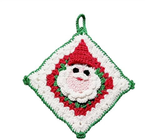 Presina di Natale Bianca con Babbo Natale ad Uncinetto 18x20 cm, in Cotone, Protezione Calore Cucina, Idea Regalo Mamma e Nonna (50NT)