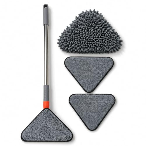 Mopa Para Limpiar Azulejos Y Paredes | Fregona Microfibra Con 4 Compresas 1 De Chenilla y 3 De Microfibra | Fregona Triangular Giratoria 360° Limpia Cristales y Limpia Suelos Con Mango Largo Por VOLTY