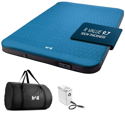 Trail Self Inflating Mattress with Integrated Rechargeable Pump, Double | Fast One-Touch Inflation/Deflation, Luxury 10cm Memory Foam Core, Durable Box Wall Sides, Roll Straps and Carry Bag Included