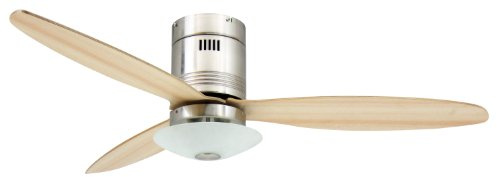 Ventilateur de plafond Aero avec éclairage et télécommande, revêtement nickel satiné, pâles érable (effet bois), 132 cm