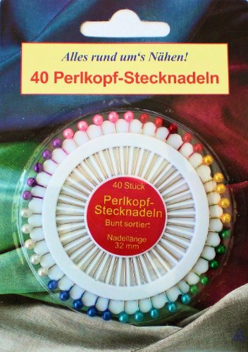 40 bunte Perlkopfstecknadeln auf Steckrad, Stecknadeln, Nadeln, Nadellänge 32 mm