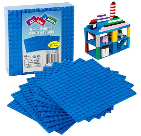 Classic Baseplates for Building Bricks - Set of 10 Blue 5x5 Building Plates- Dual Connectivity, Build on Both Sides- Compatible, Tight Fit w Major Brands- Creative STEM Learning Toy & Kids Bday Gift