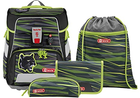 Step by Step Schulranzen-Set SPACE „Wild Cat Chiko“ 5-teilig, schwarz-gelb, Dschungel-Design, ergonomischer Tornister, Reflektoren, höhenverstellbar, Hüftgurt für Jungen 1. Klasse, 20L