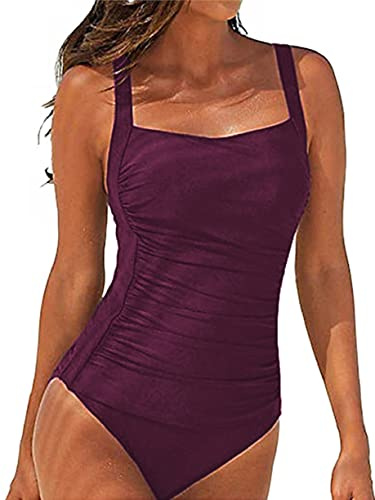 Joligiao Costume Intero Donna Sexy Costumi da Bagno Donna Interi Vintage Monokini con Controllo della Pancia Ruched Push Up Imbottito da Spiaggia Mare e Piscina Tinta Unita Swimsuit(Rosso,M)