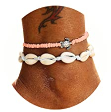 Handcess Boho-Muschel-Doppel-Fußkettchen, Silber, Schildkröte, Knöchel-Armbänder, Perlen, geflochten, Fußschmuck für Frauen und Mädchen (rosa)