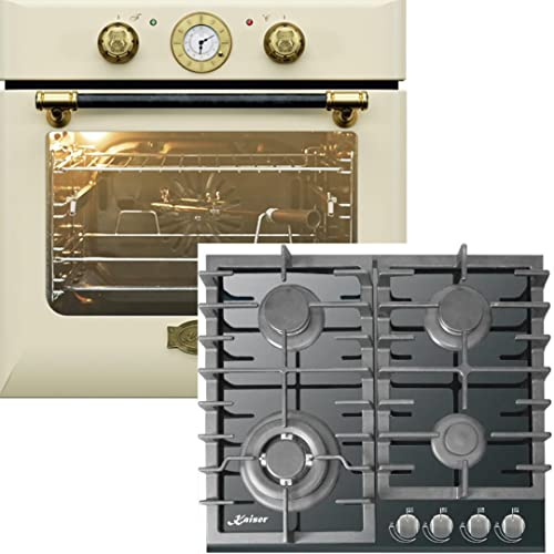Kaiser Herdset Einbaubackofen EH 6432 ElfBE + KCG 6383 Turbo, Retro Einbau Backofen Elektro, Autark, 68 L,10 Funktionen + Glaskeramik Gaskochfeld 60cm 5 Brenner 3,8 kW WOK Gas Herd Gas Propano/Erdgas